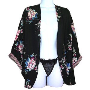 Meraki Floral Kimono Cardigan Style Top Boho Open Front Black & Embroidered Sz M